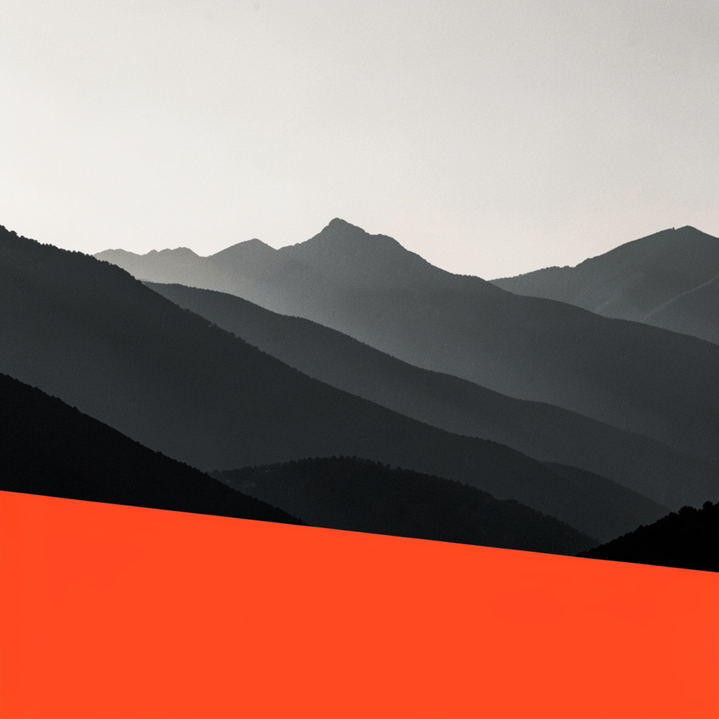 Bold duotone poster-style photograph of layered mountain silhouettes in deep charcoal and muted slate, with a striking red-orange accent band cutting across the lower third.